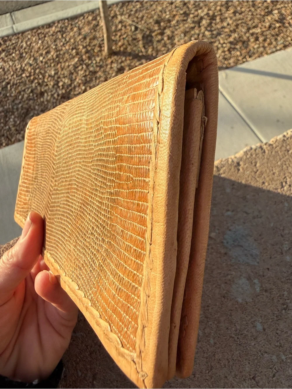 Vintage Genuine Snake Skin Trifold Wallet Clutch – Tan Whipstitch Leather, Zip